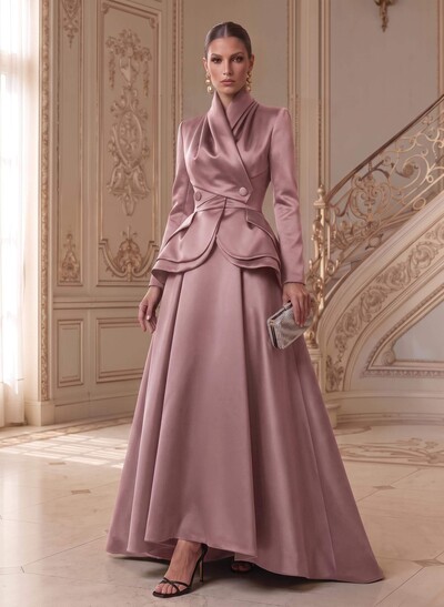 A-Line V-Neck Long Sleeves Asymmetrical Satin Mother Of The Bride Dresses