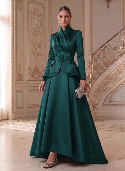 A-Line V-Neck Long Sleeves Asymmetrical Satin Mother Of The Bride Dresses