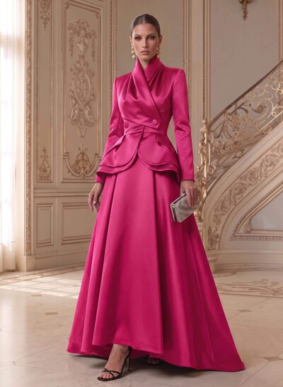 A-Line V-Neck Long Sleeves Asymmetrical Satin Mother Of The Bride Dresses