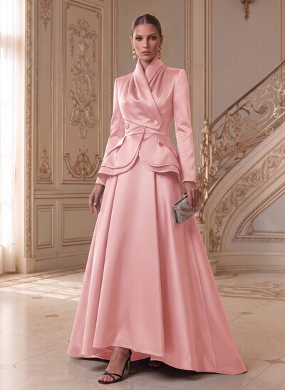 A-Line V-Neck Long Sleeves Asymmetrical Satin Mother Of The Bride Dresses