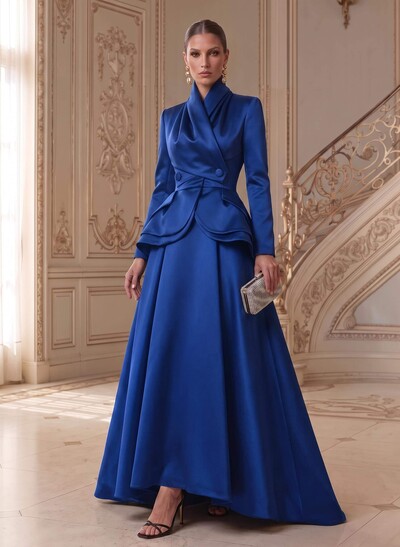 A-Line V-Neck Long Sleeves Asymmetrical Satin Mother Of The Bride Dresses