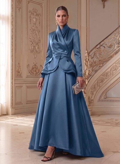 A-Line V-Neck Long Sleeves Asymmetrical Satin Mother Of The Bride Dresses