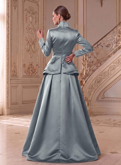A-Line V-Neck Long Sleeves Asymmetrical Satin Mother Of The Bride Dresses