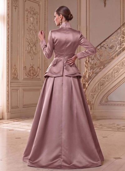A-Line V-Neck Long Sleeves Asymmetrical Satin Mother Of The Bride Dresses