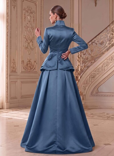 A-Line V-Neck Long Sleeves Asymmetrical Satin Mother Of The Bride Dresses