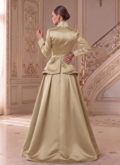 A-Line V-Neck Long Sleeves Asymmetrical Satin Mother Of The Bride Dresses