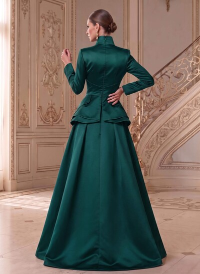 A-Line V-Neck Long Sleeves Asymmetrical Satin Mother Of The Bride Dresses