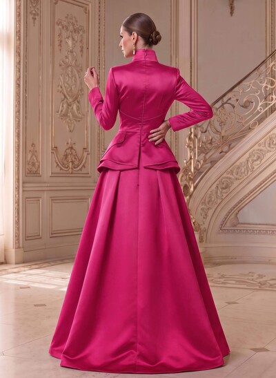 A-Line V-Neck Long Sleeves Asymmetrical Satin Mother Of The Bride Dresses