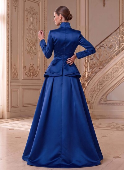 A-Line V-Neck Long Sleeves Asymmetrical Satin Mother Of The Bride Dresses