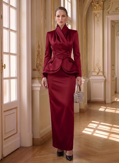 Sheath/Column High Neck Long Sleeves Floor-Length Satin Mother Of The Bride Dresses