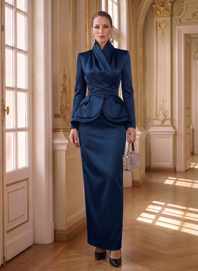 Sheath/Column High Neck Long Sleeves Floor-Length Satin Mother Of The Bride Dresses