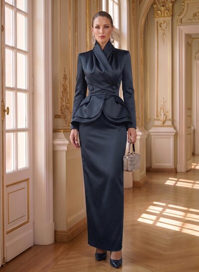 Sheath/Column High Neck Long Sleeves Floor-Length Satin Mother Of The Bride Dresses