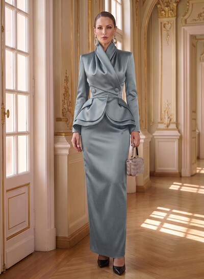 Sheath/Column High Neck Long Sleeves Floor-Length Satin Mother Of The Bride Dresses