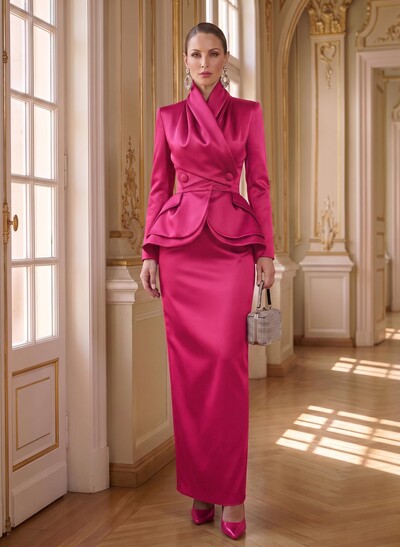 Sheath/Column High Neck Long Sleeve Floor-Length Satin Mother Of The Bride Dresses