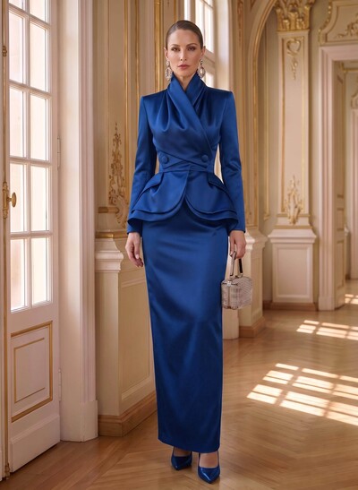 Sheath/Column High Neck Long Sleeves Floor-Length Satin Mother Of The Bride Dresses