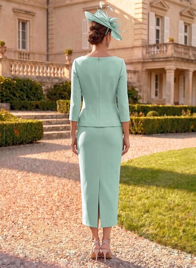 Sheath/Column Scoop Neck 3/4 Sleeves Ankle-Length Elastic Satin Mother Of The Bride Dresses With Flower(s)