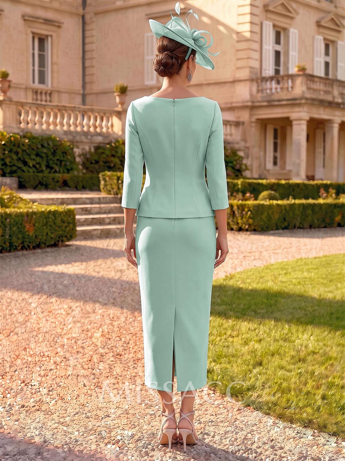 Sheath/Column Scoop Neck 3/4 Sleeves Ankle-Length Elastic Satin Mother Of The Bride Dresses With Flower(s)