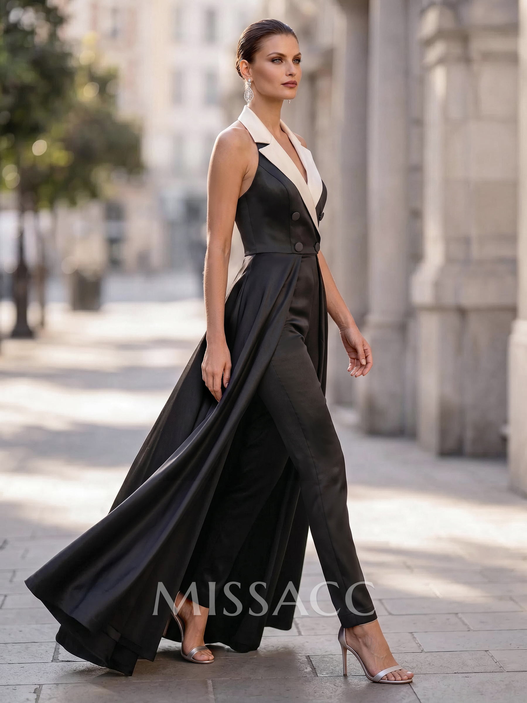 Jumpsuit/Pantsuit V-Neck Sleeveless Floor-Length Satin Mother Of The Bride Dresses With