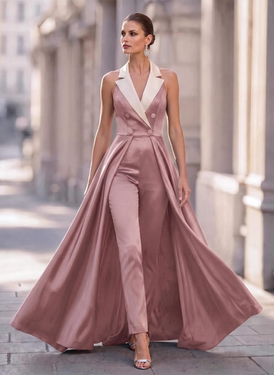 Jumpsuit/Pantsuit V-Neck Sleeveless Floor-Length Satin Mother Of The Bride Dresses With