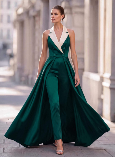 Jumpsuit/Pantsuit V-Neck Sleeveless Floor-Length Satin Mother Of The Bride Dresses With