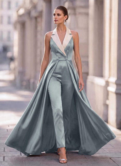 Jumpsuit/Pantsuit V-Neck Sleeveless Floor-Length Satin Mother Of The Bride Dresses With
