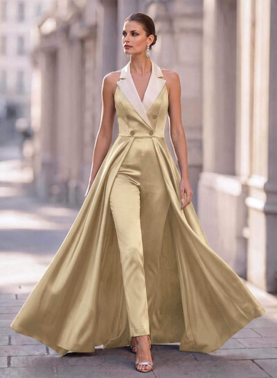 Jumpsuit/Pantsuit V-Neck Sleeveless Floor-Length Satin Mother Of The Bride Dresses With
