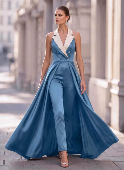 Jumpsuit/Trouser Suit V-Neck Sleeveless Floor-Length Satin Mother Of The Bride Dresses With