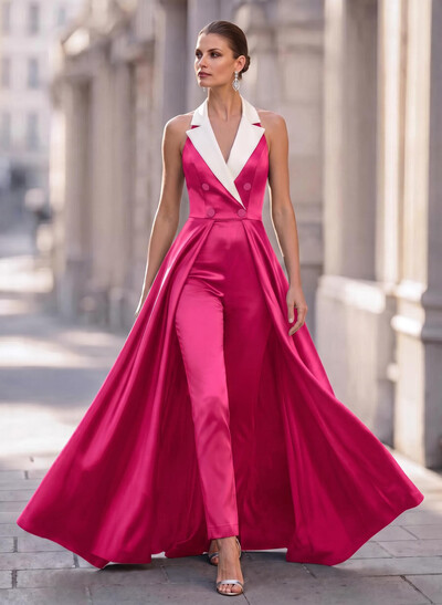 Jumpsuit/Pantsuit V-Neck Sleeveless Floor-Length Satin Mother Of The Bride Dresses With