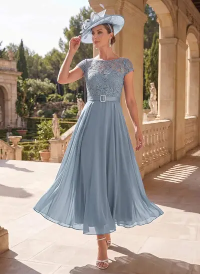 A-Line Scoop Neck Short Sleeves Ankle-Length Chiffon/Lace Mother Of The Bride Dresses With Rhinestone