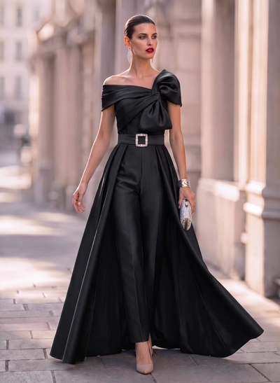 Jumpsuit/Pantsuit Asymmetrical Floor-Length Satin Mother Of The Bride Dresses With Rhinestone/Overskirt Dress