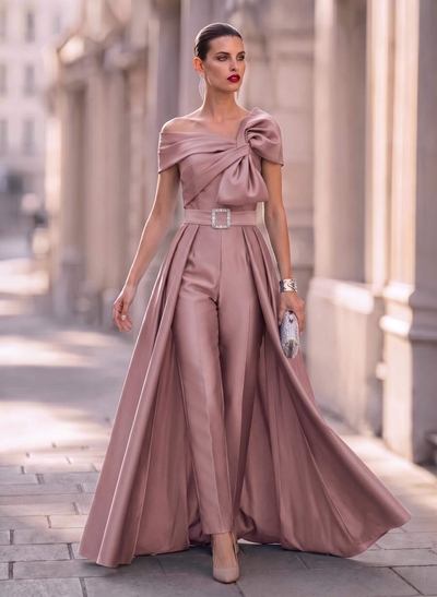 Jumpsuit/Pantsuit Asymmetrical Floor-Length Satin Mother Of The Bride Dresses With Rhinestone/Overskirt Dress