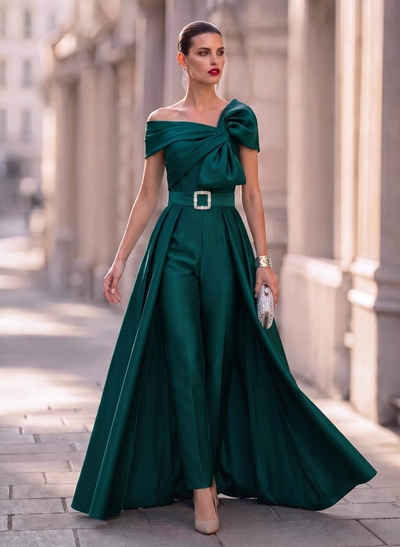 Jumpsuit/Pantsuit Asymmetrical Floor-Length Satin Mother Of The Bride Dresses With Rhinestone/Overskirt Dress