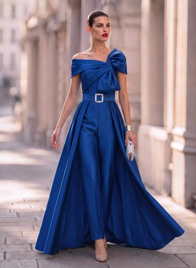 Jumpsuit/Pantsuit Asymmetrical Floor-Length Satin Mother Of The Bride Dresses With Rhinestone/Overskirt Dress