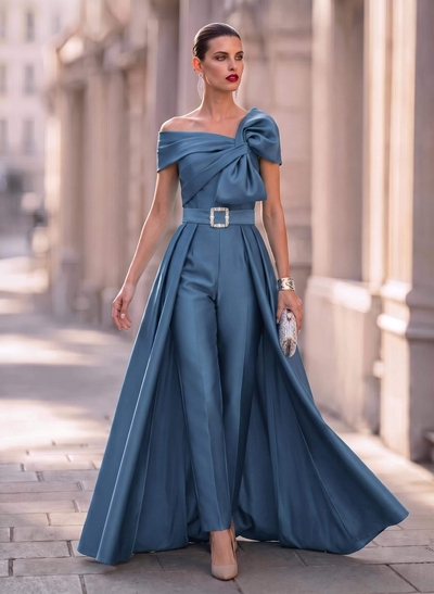 Jumpsuit/Pantsuit Asymmetrical Floor-Length Satin Mother Of The Bride Dresses With Rhinestone/Overskirt Dress