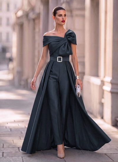 Jumpsuit/Pantsuit Asymmetrical Floor-Length Satin Mother Of The Bride Dresses With Rhinestone/Overskirt Dress