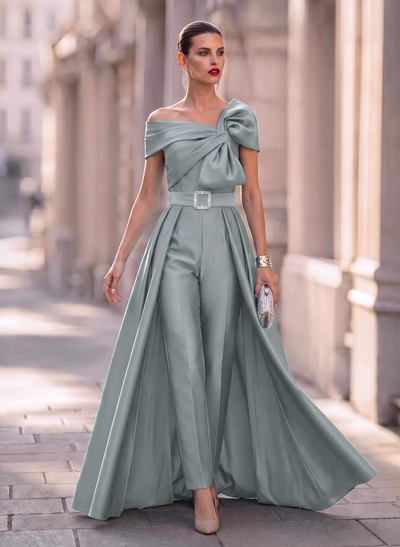 Jumpsuit/Pantsuit Asymmetrical Floor-Length Satin Mother Of The Bride Dresses With Rhinestone/Overskirt Dress