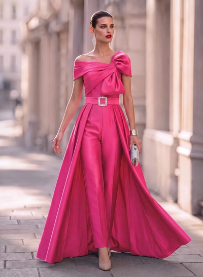 Asymmetrical Floor-Length Satin Jumpsuit/Pantsuit For Mother Of The Bride With Diamanté And Overskirt