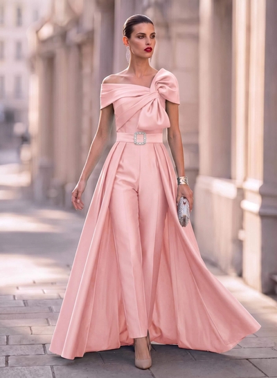 Jumpsuit/Pantsuit Asymmetrical Floor-Length Satin Mother Of The Bride Dresses With Rhinestone/Overskirt Dress