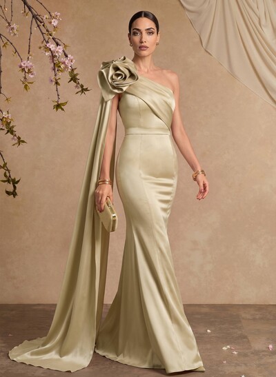 Trumpet/Mermaid One-Shoulder Floor-Length Satin Mother Of The Bride Dresses With Flower(s)/Sweeping Side Drape
