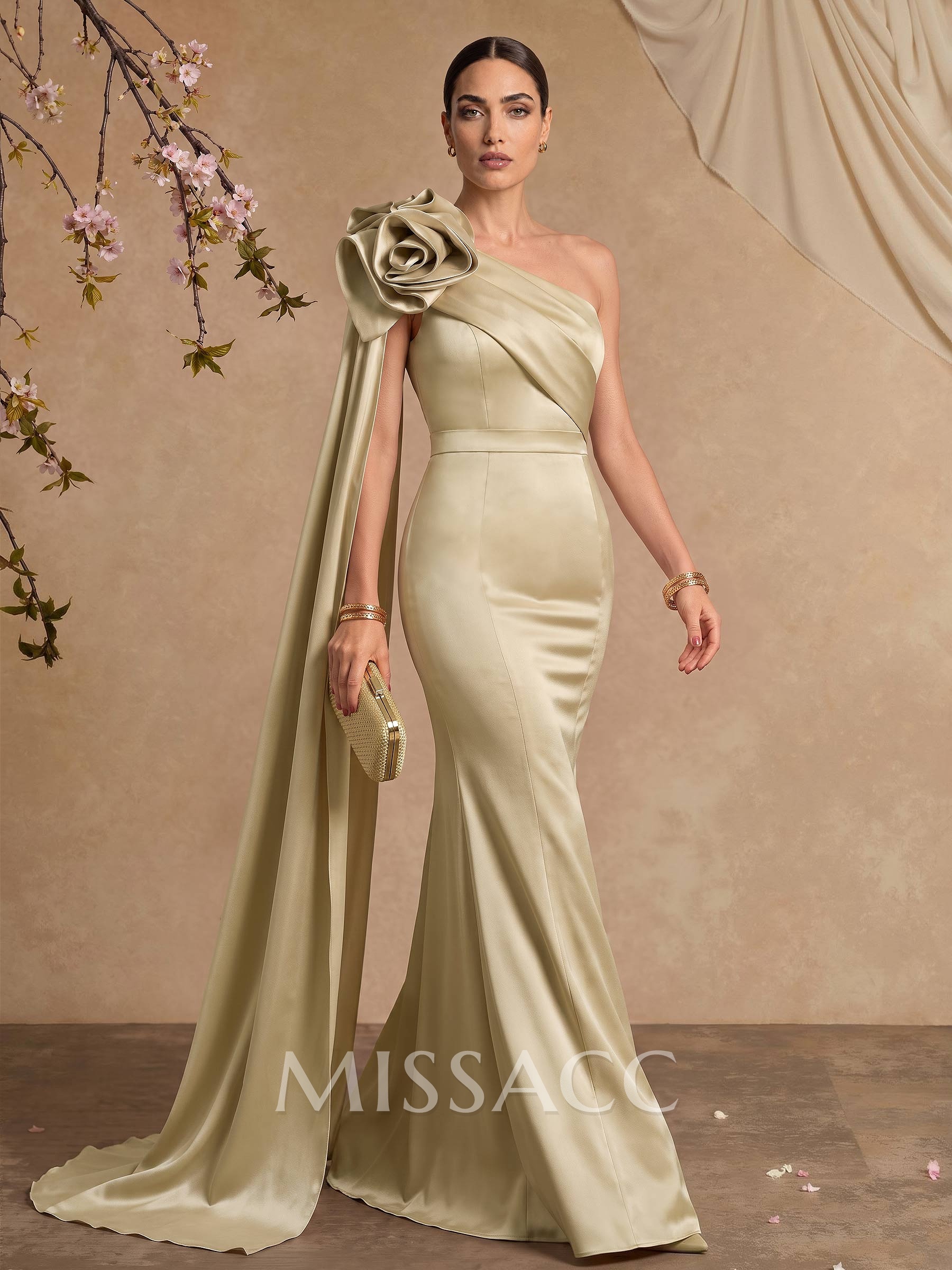 Trumpet/Mermaid One-Shoulder Floor-Length Satin Mother Of The Bride Dresses With Flower(s)/Sweeping Side Drape
