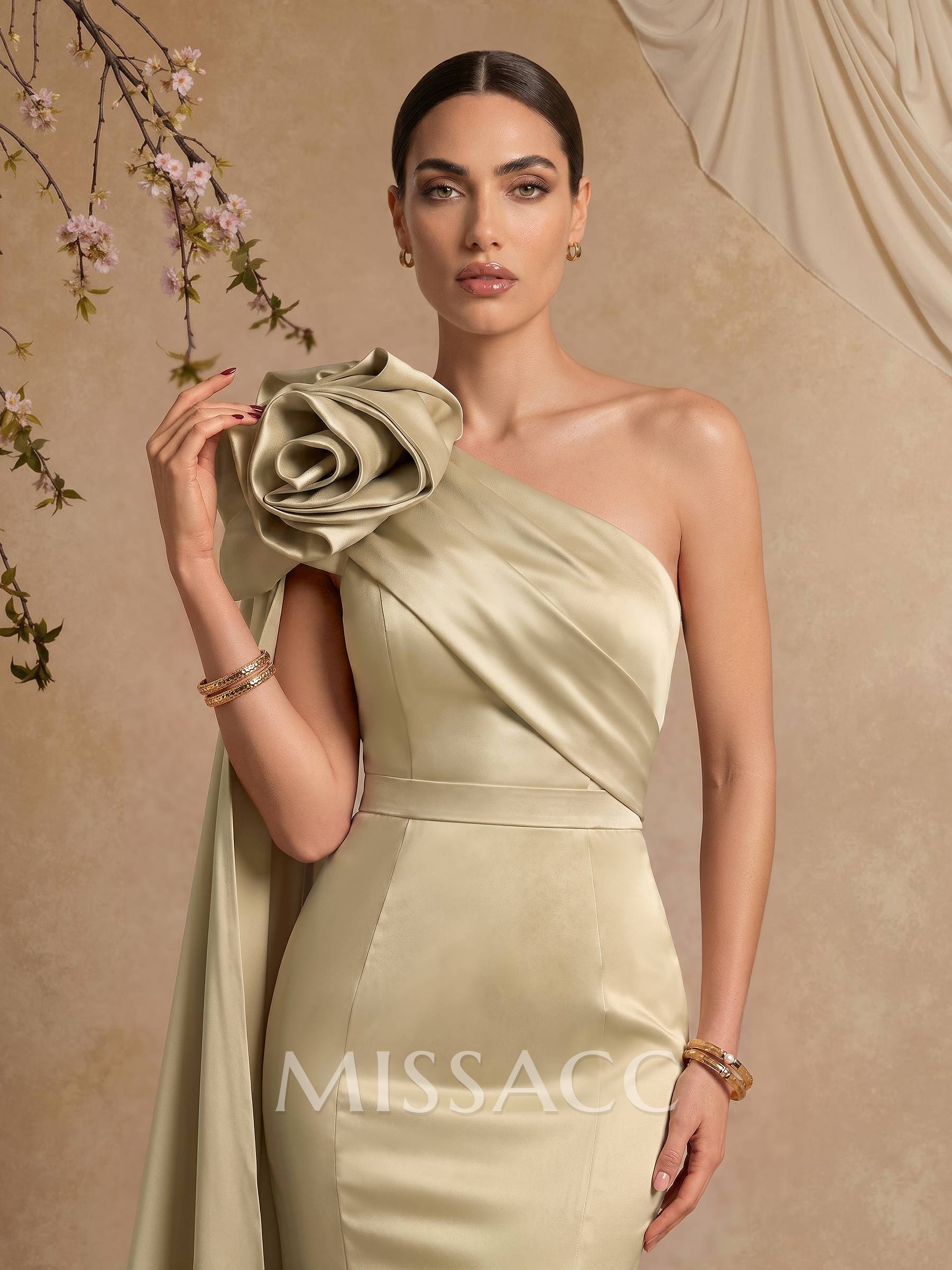 Trumpet/Mermaid One-Shoulder Floor-Length Satin Mother Of The Bride Dresses With Flower(s)/Sweeping Side Drape