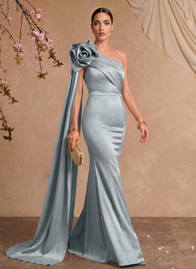 Trumpet/Mermaid One-Shoulder Floor-Length Satin Mother Of The Bride Dresses With Flower(s)/Sweeping Side Drape