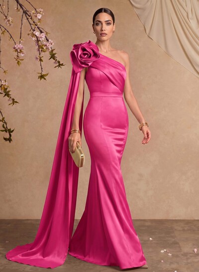 Trumpet/Mermaid One-Shoulder Floor-Length Satin Mother of the Bride Dresses with Flowers and Sweeping Side Drape