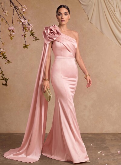 Trumpet/Mermaid One-Shoulder Floor-Length Satin Mother Of The Bride Dresses With Flower(s)/Sweeping Side Drape