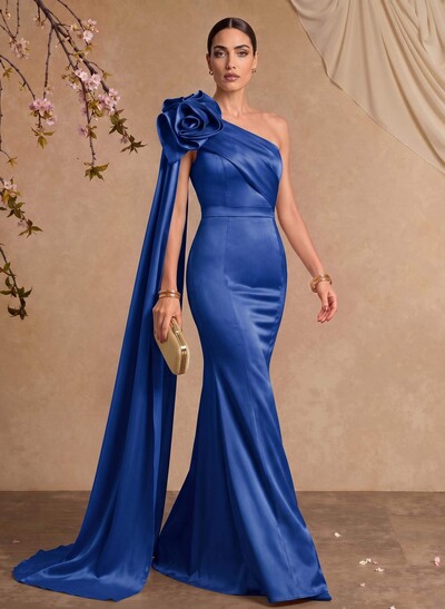 Trumpet/Mermaid One-Shoulder Floor-Length Satin Mother Of The Bride Dresses With Flower(s)/Sweeping Side Drape