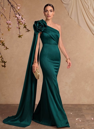Trumpet/Mermaid One-Shoulder Floor-Length Satin Mother Of The Bride Dresses With Flower(s)/Sweeping Side Drape