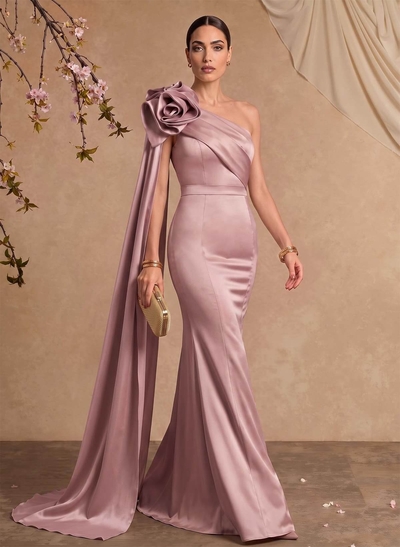 Trumpet/Mermaid One-Shoulder Floor-Length Satin Mother Of The Bride Dresses With Flower(s)/Sweeping Side Drape
