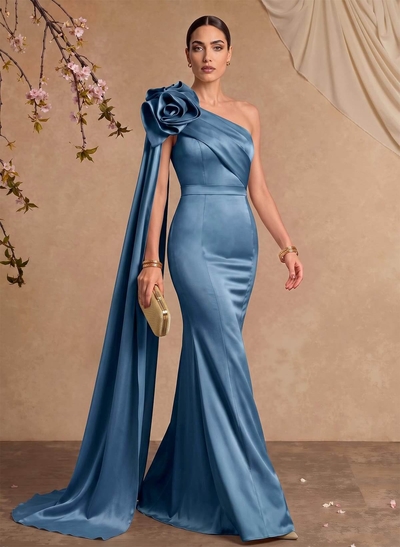 Trumpet/Mermaid One-Shoulder Floor-Length Satin Mother Of The Bride Dresses With Flower(s)/Sweeping Side Drape
