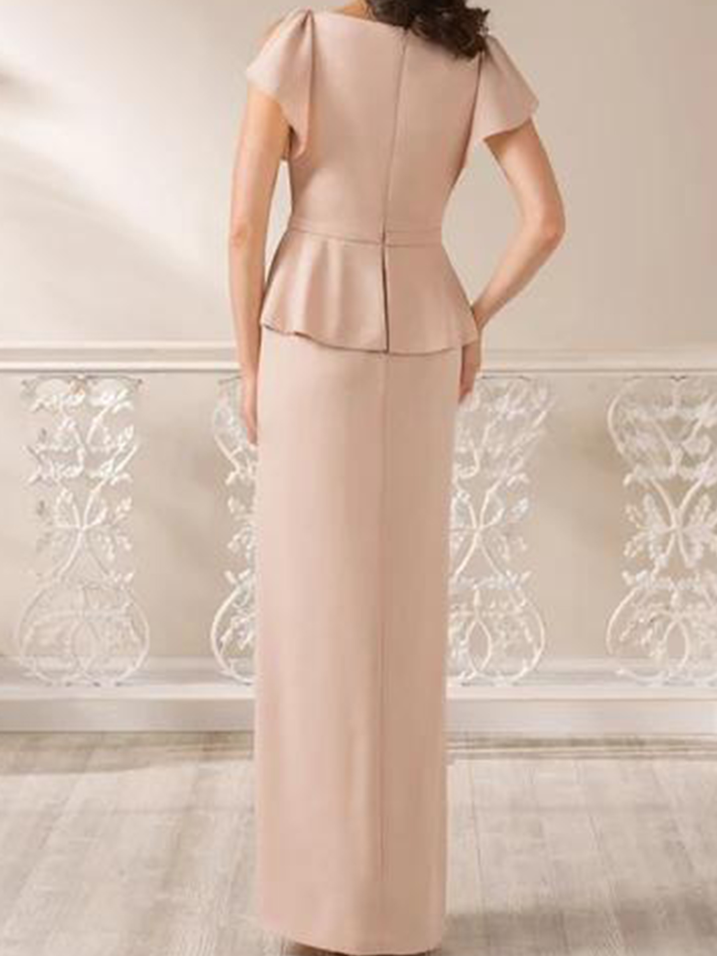 Sheath/Column V-Neck Short Sleeves Floor-Length Crepe Satin Mother Of The Bride Dresses With Rhinestone