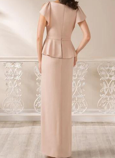Sheath/Column V-Neck Short Sleeves Floor-Length Crepe Satin Mother Of The Bride Dresses With Rhinestone
